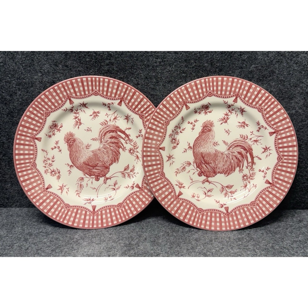 Queen's Churchill Red Rooster 10.75" Dinner Plate Set (2) Gingham Farmhouse